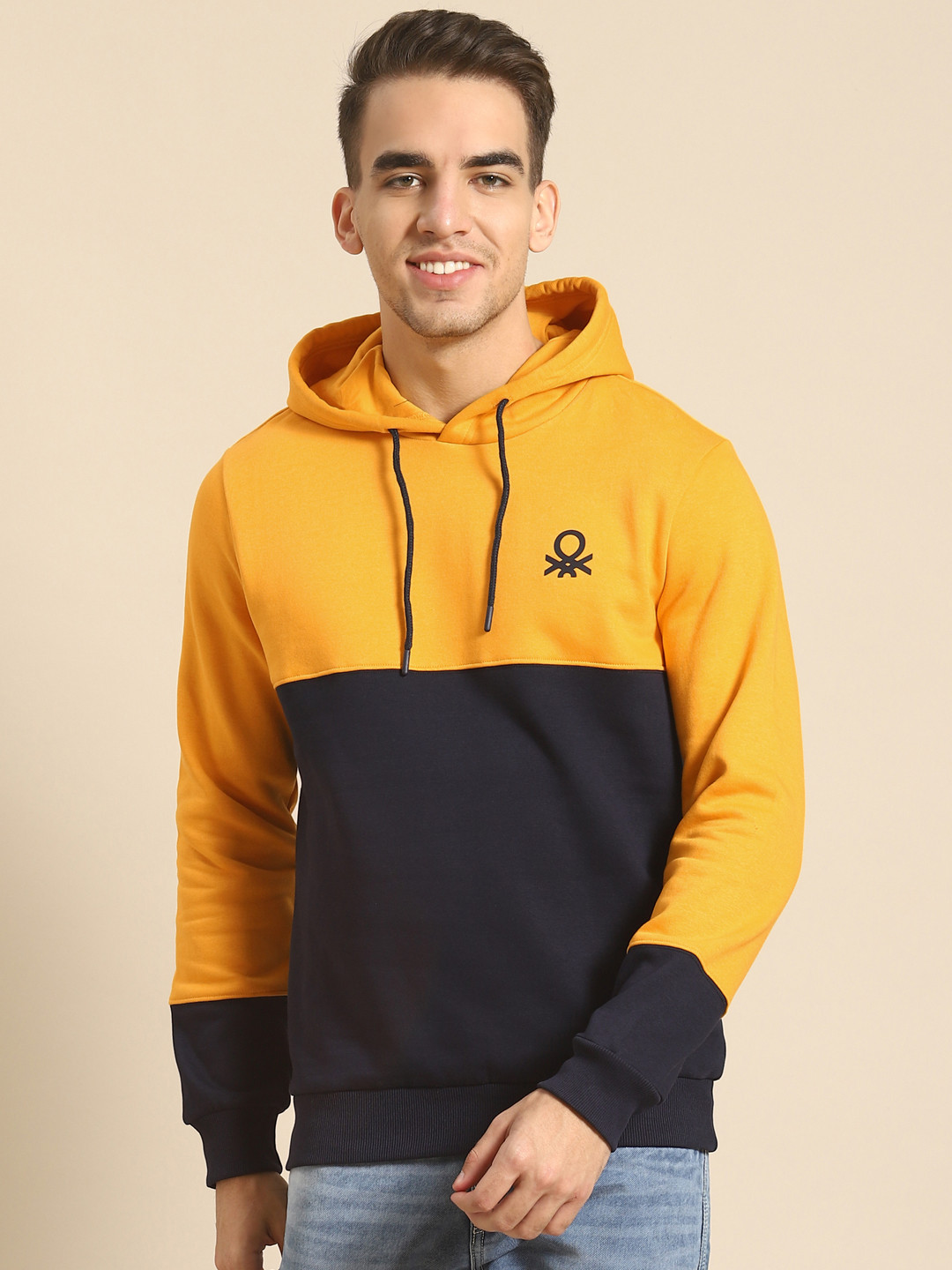 

United Colors of Benetton Men Mustard Yellow & Black Colourblocked Hooded Sweatshirt