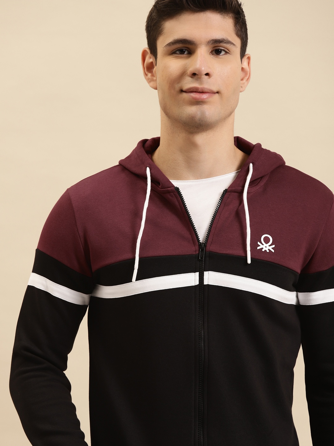 

United Colors of Benetton Men Black & Burgundy Colourblocked Hooded Sweatshirt
