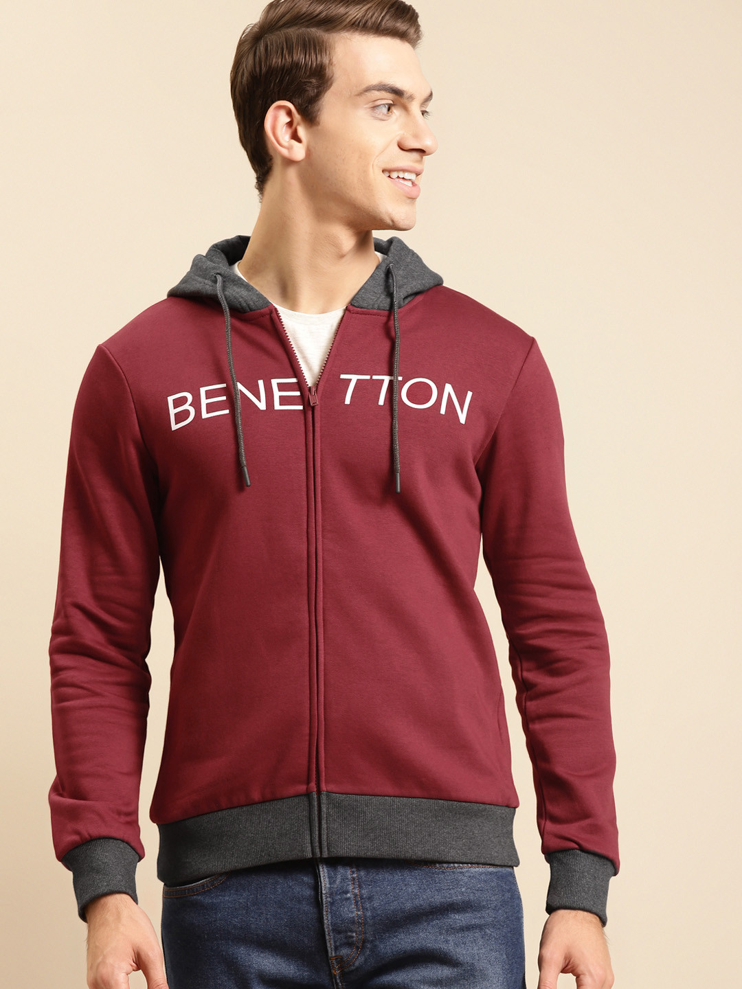 

United Colors of Benetton Men Maroon Brand Logo Print Hooded Sweatshirt