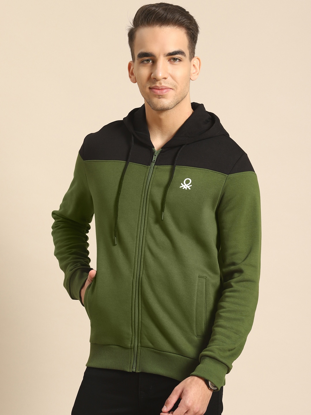 

United Colors of Benetton Men Olive Green & Black Colourblocked Hooded Sweatshirt