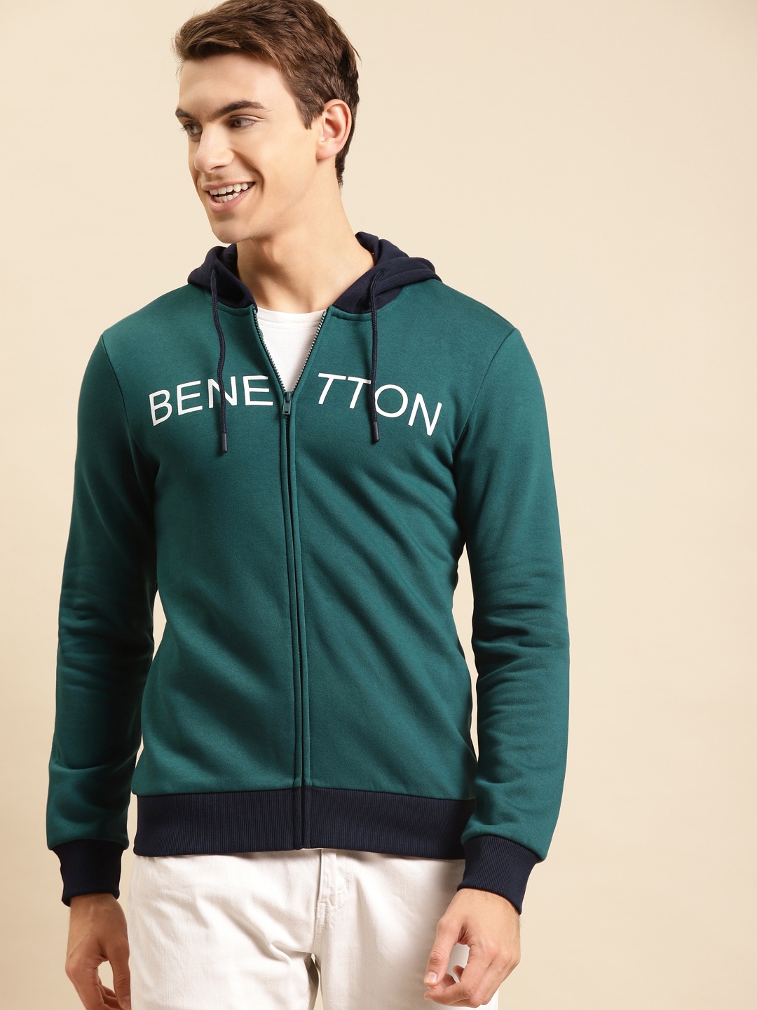 

United Colors of Benetton Men Teal Green Brand Logo Print Hooded Sweatshirt