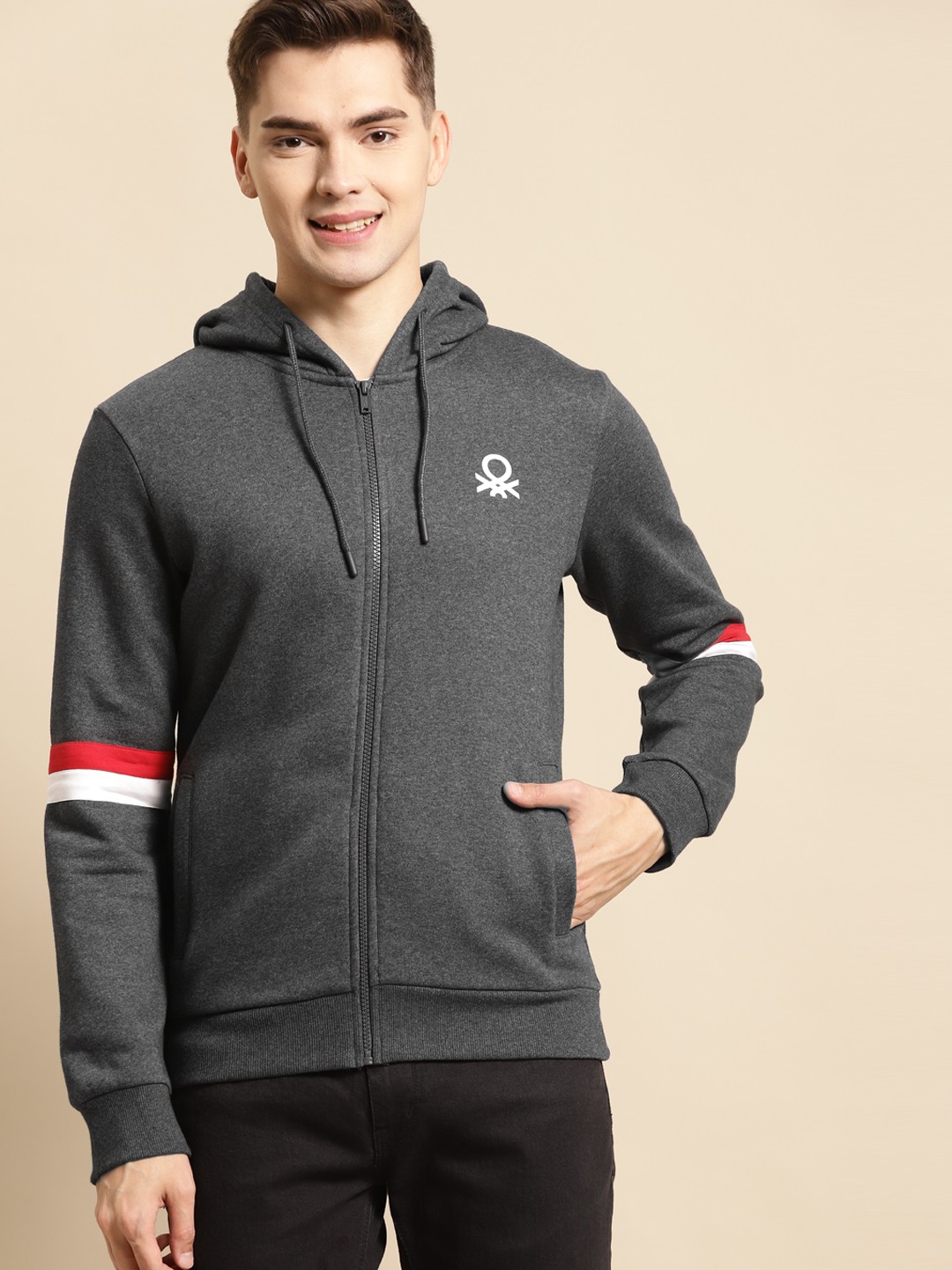 

United Colors of Benetton Men Charcoal Grey Solid Hooded Sweatshirt