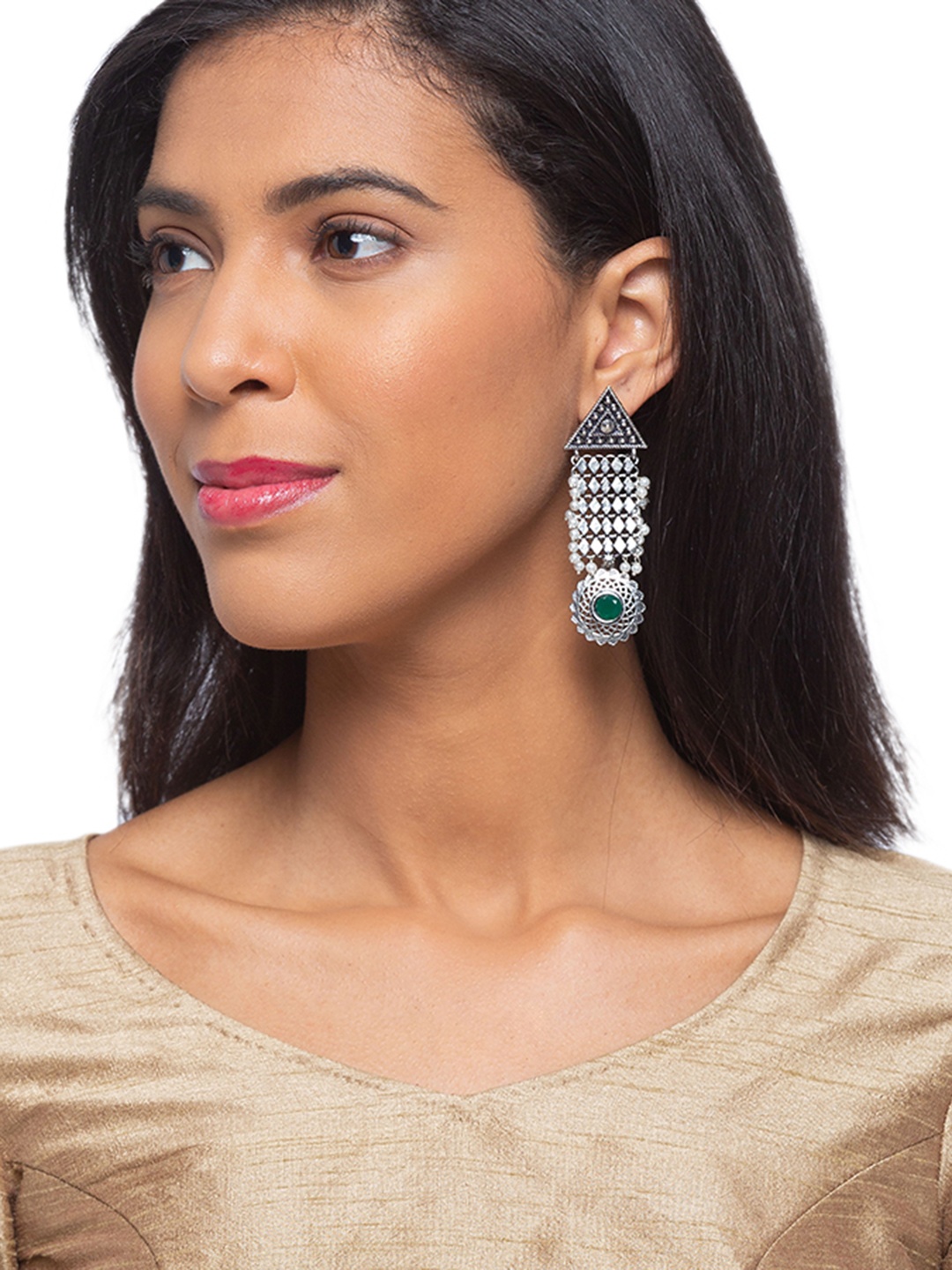 

Digital Dress Room Green & Silver-Toned Triangular Drop Earrings