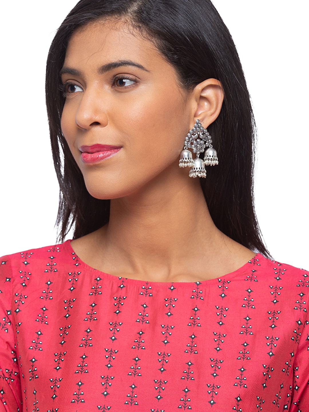 

Digital Dress Room Silver-Plated White German Oxidized Peacock Engraved Jhumkas