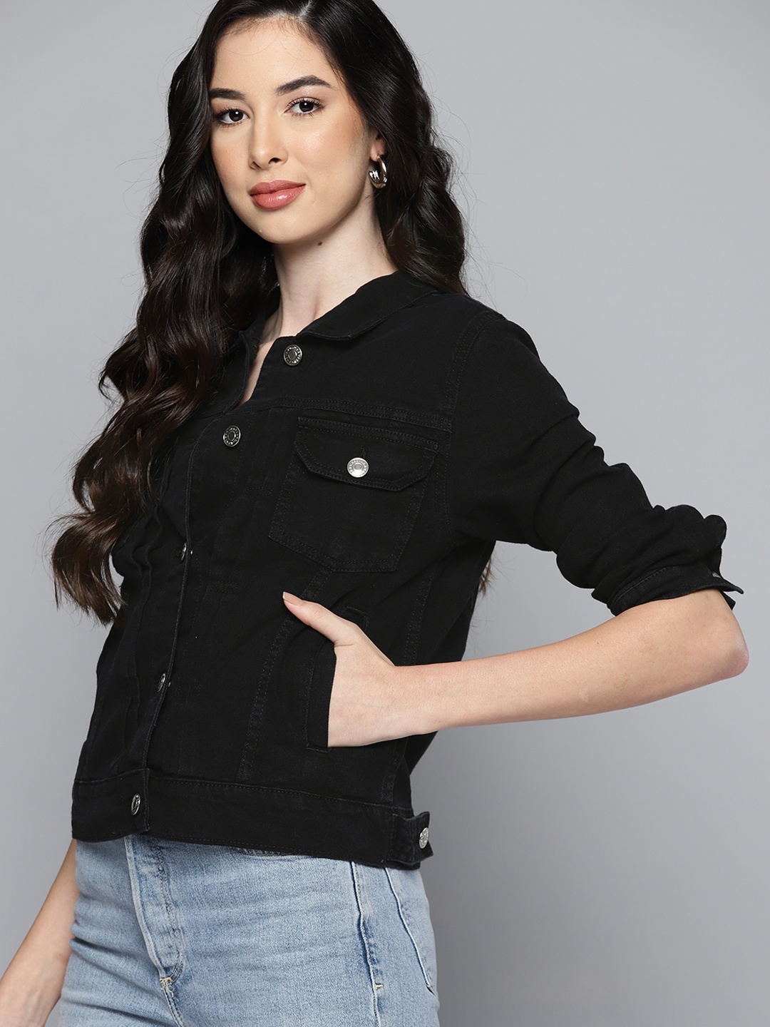 

Harvard Women Black Pure Cotton Denim Jacket