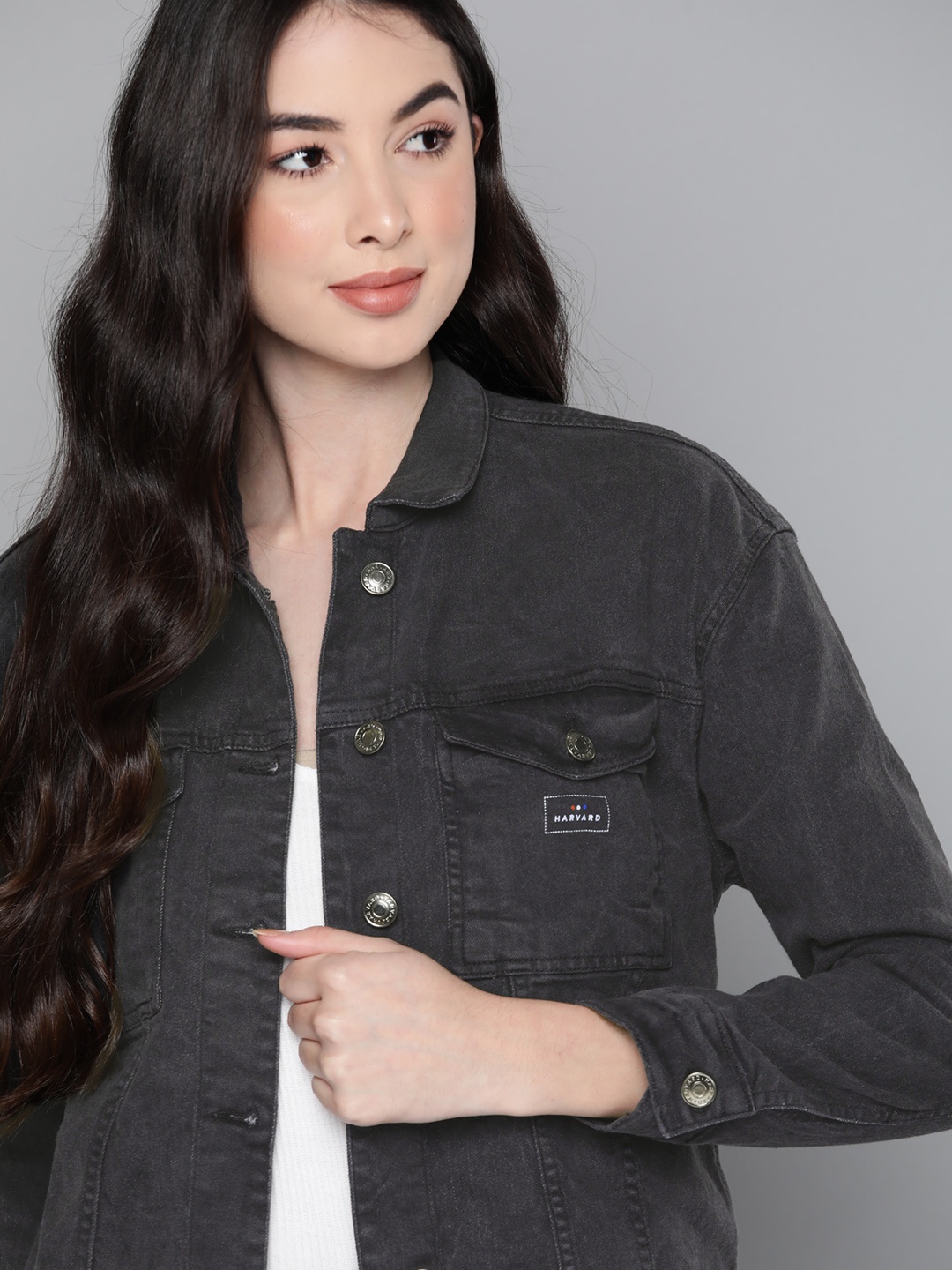 

Harvard Women Charcoal Grey Pure Cotton Solid Denim Jacket