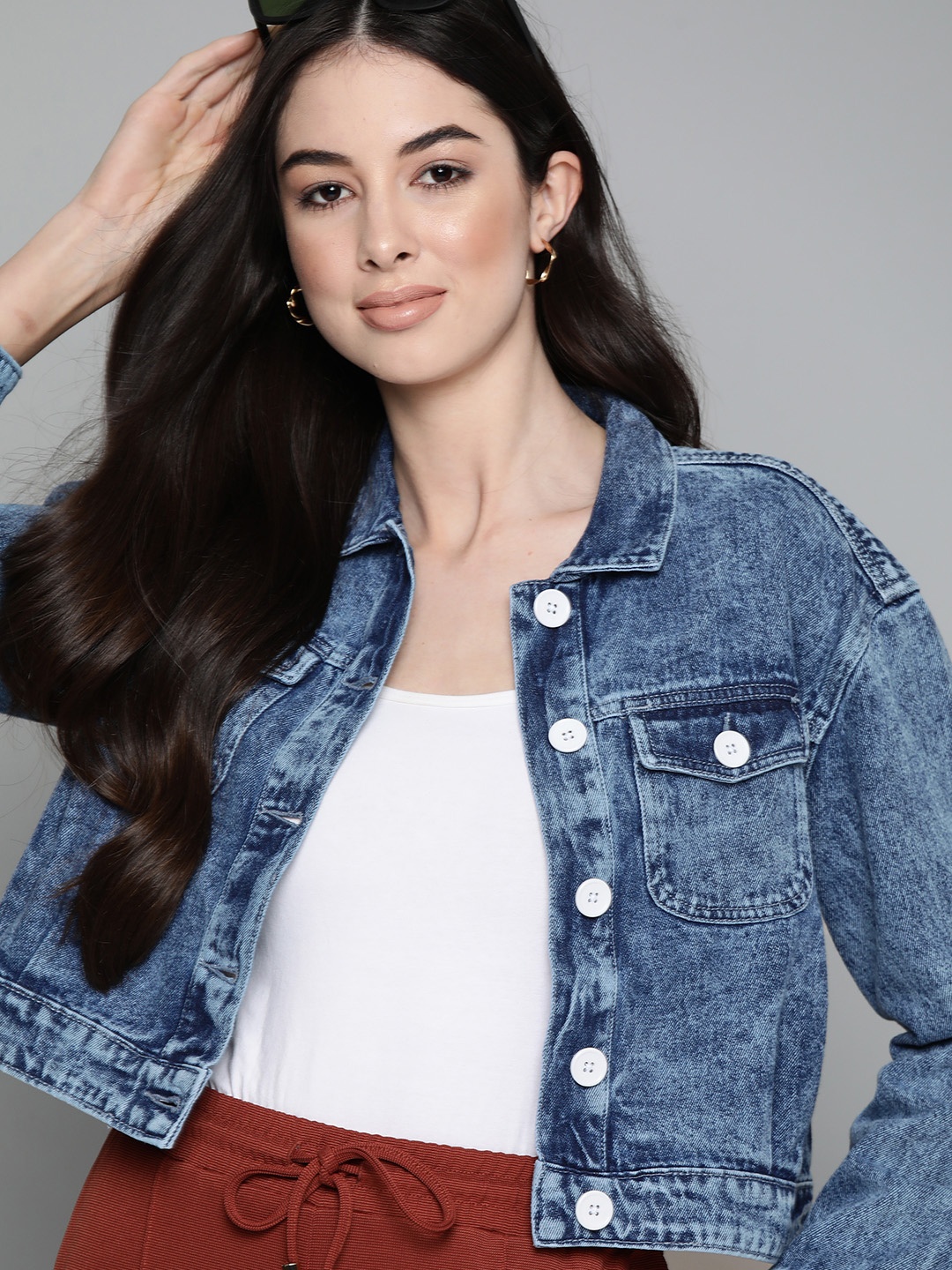

Harvard Women Blue Pure Cotton Crop Denim Jacket