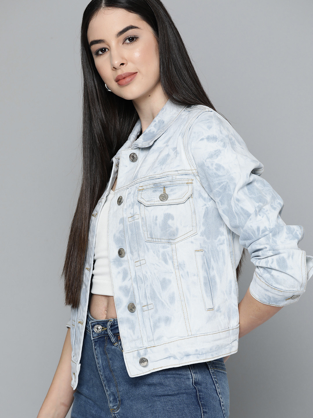 

Harvard Women Blue Pure Cotton Washed Denim Jacket