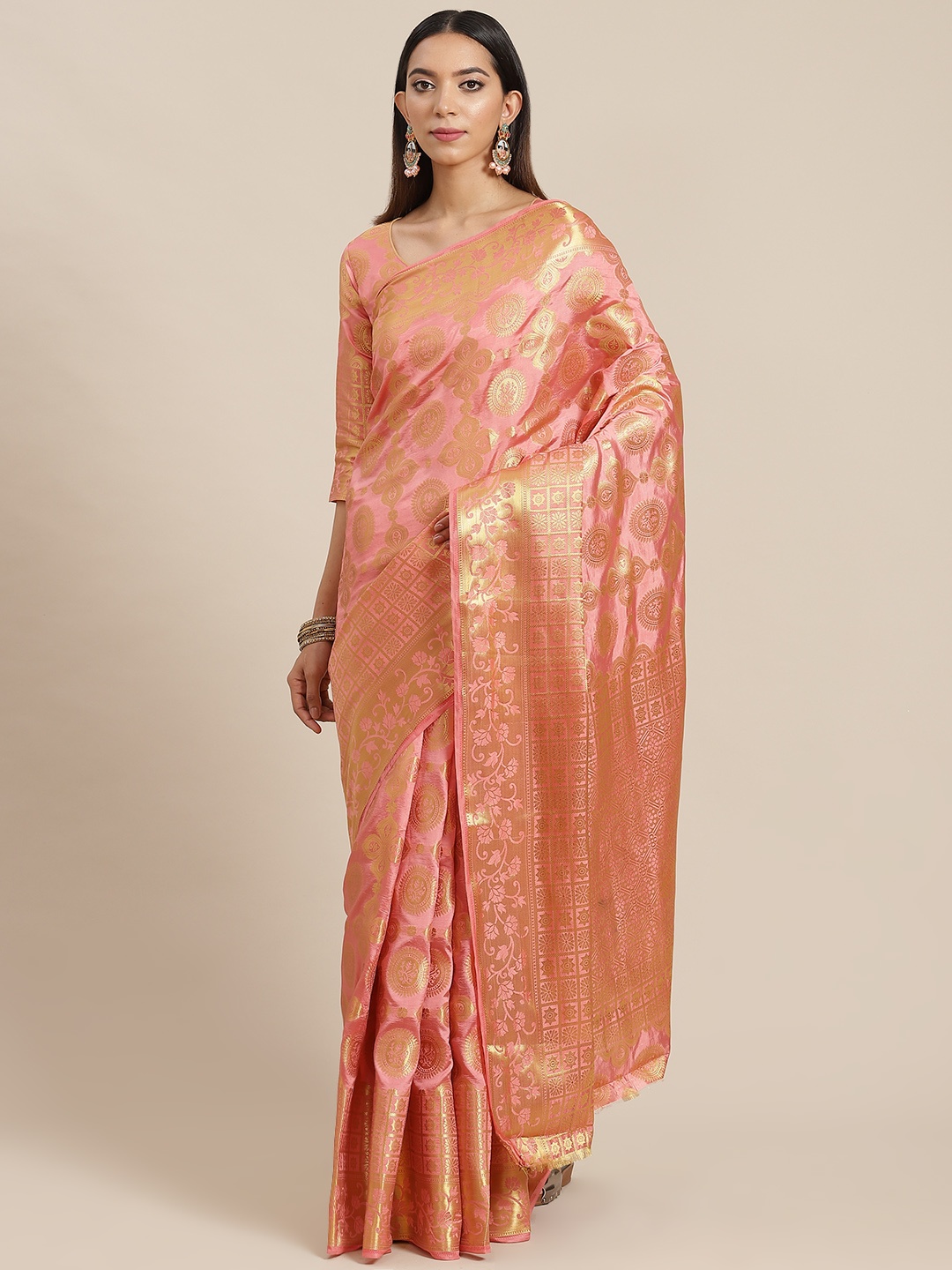 

Mitera Pink & Gold-Toned Woven Design Silk Cotton Banarasi Saree