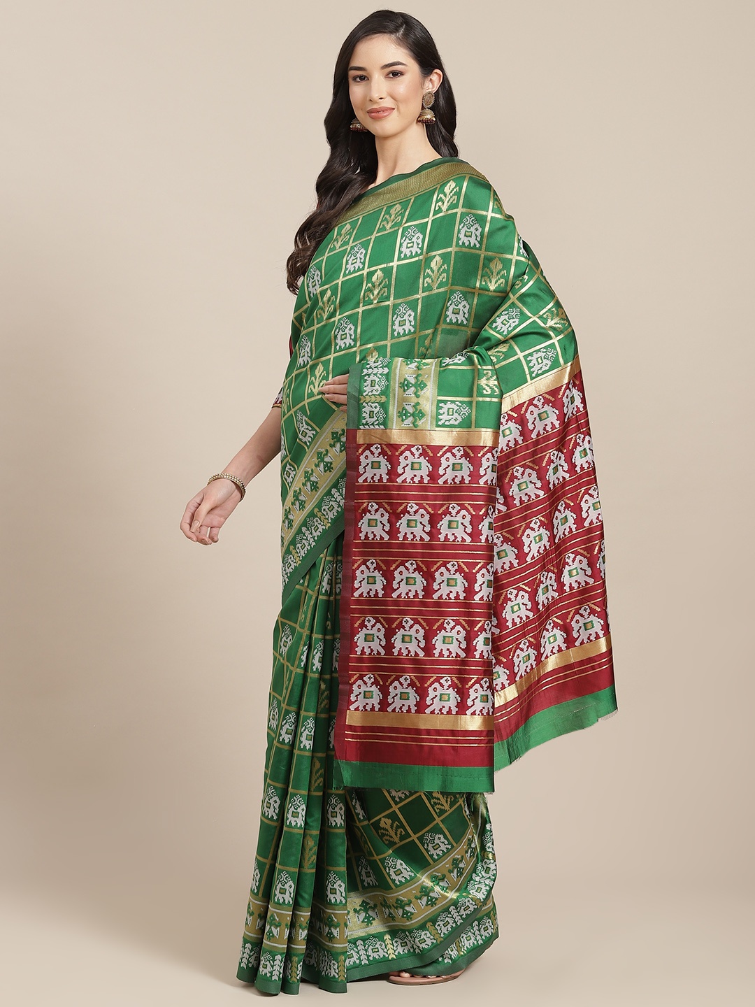 

Mitera Green & Gold Patola Weaving Pattern Silk Cotton Banarasi Saree