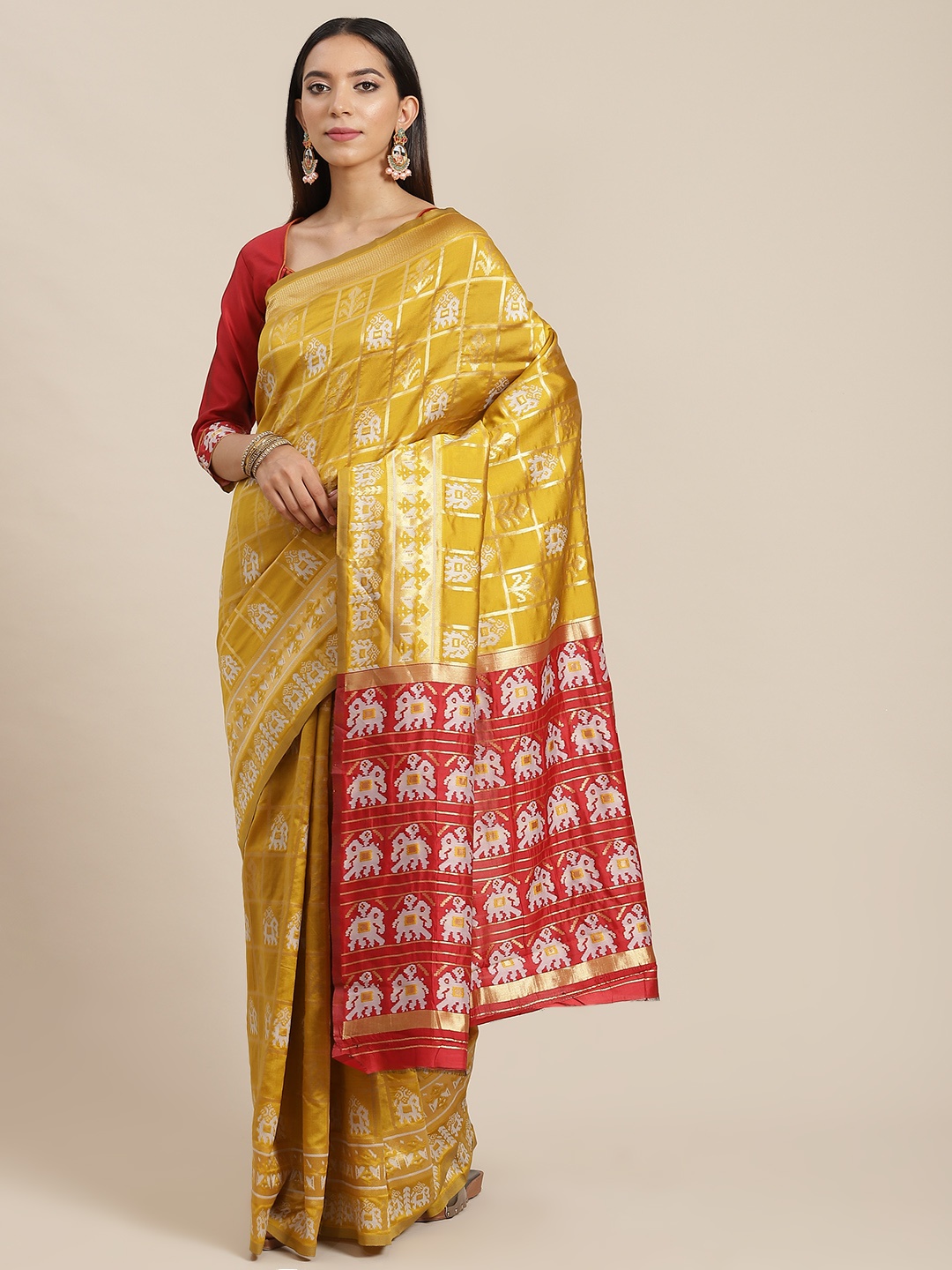 

Mitera Yellow & Red Ethnic Motifs Silk Cotton Ready to Wear Banarasi Saree
