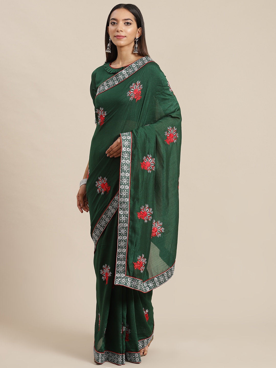 

Mitera Green & Pink Floral Embroidered Silk Blend Saree