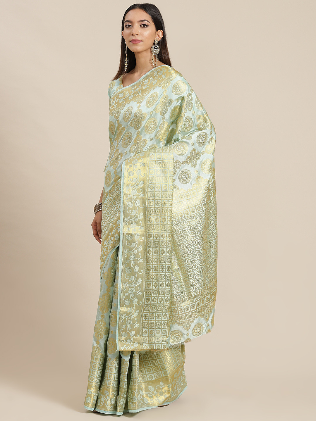 

Mitera Turquoise Blue & Gold-Toned Woven Design Silk Cotton Banarasi Saree