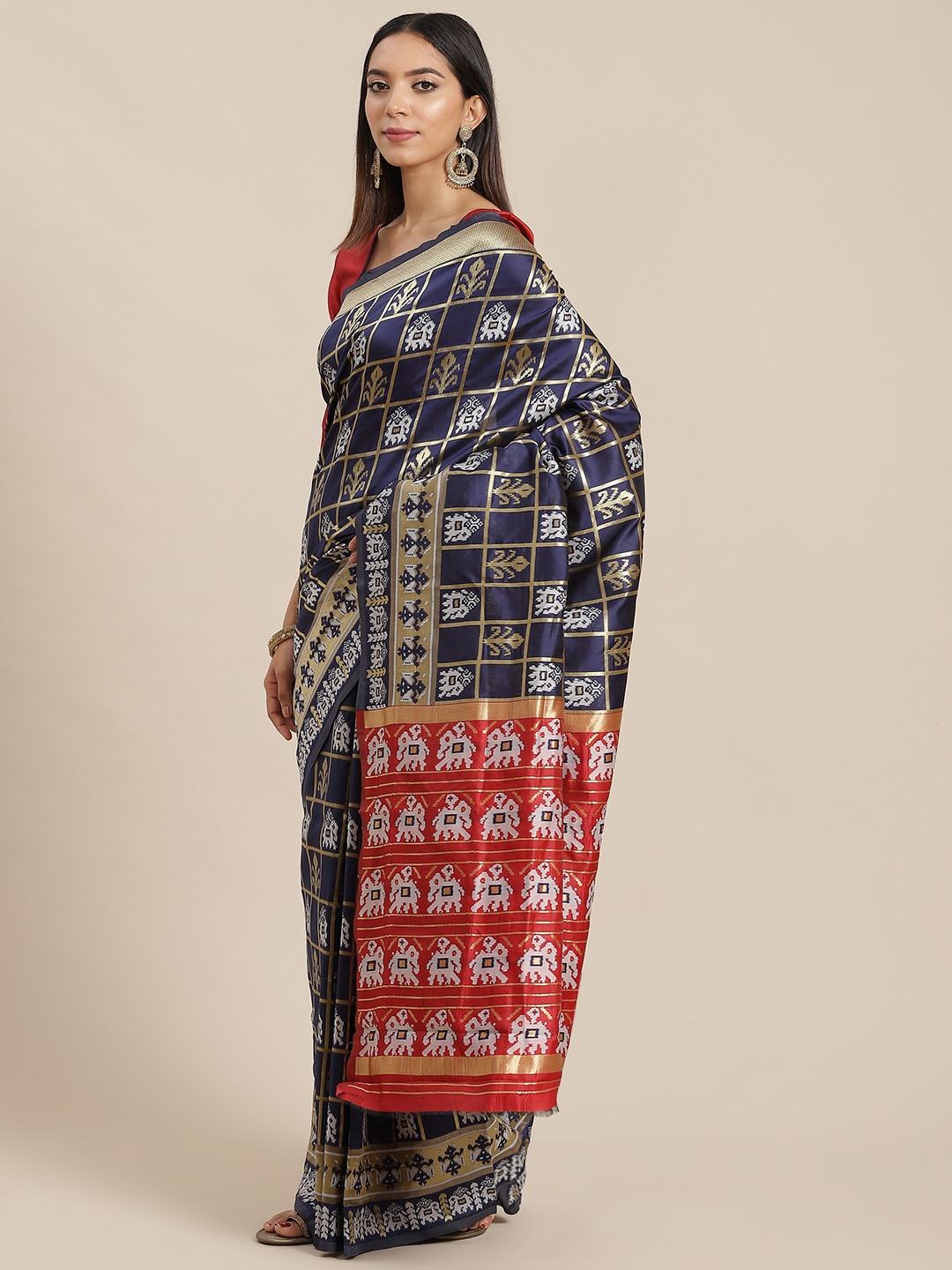

Mitera Navy Blue & Red Woven Design Silk Cotton Banarasi Saree