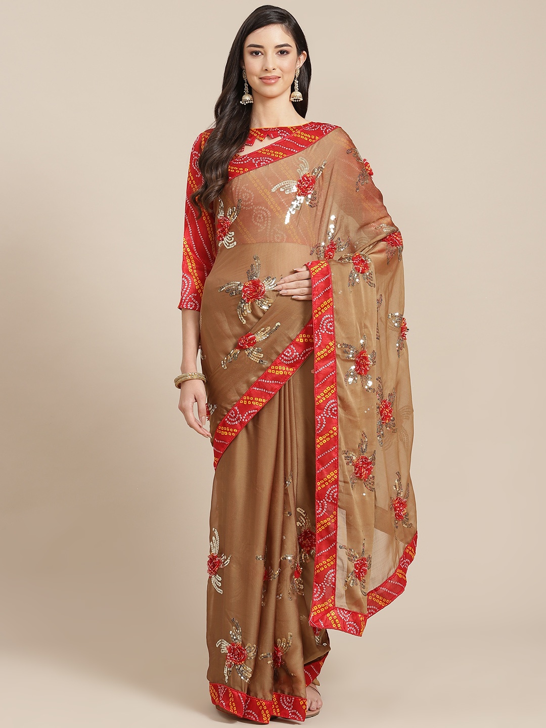 

Mitera Beige & Red Floral Sequinned Poly Chiffon Saree