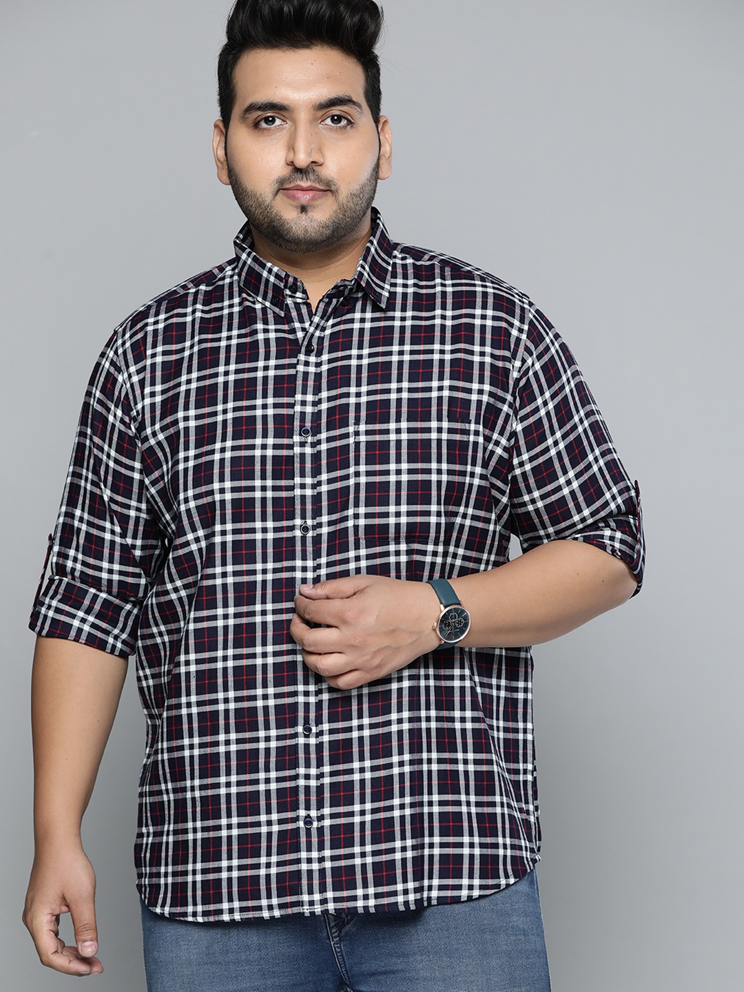 

DENNISON Men Navy Blue Smart Slim Fit Pure Cotton Opaque Checked Casual Shirt