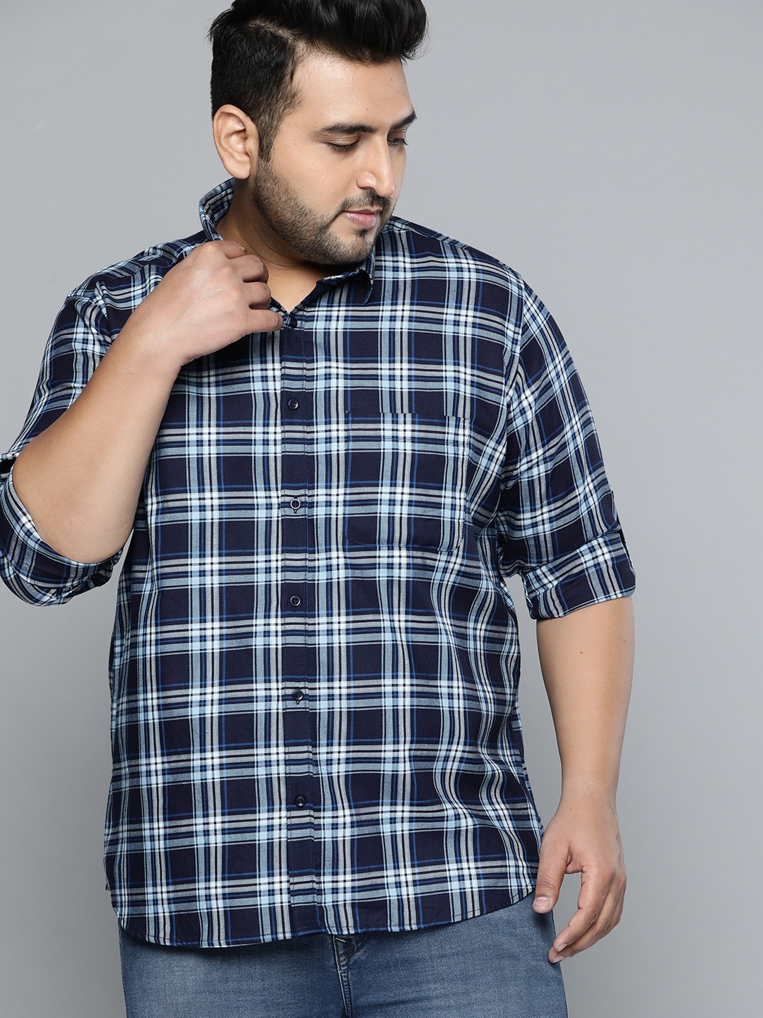 

DENNISON Men Navy Blue Smart Slim Fit Pure Cotton Opaque Checked Casual Shirt
