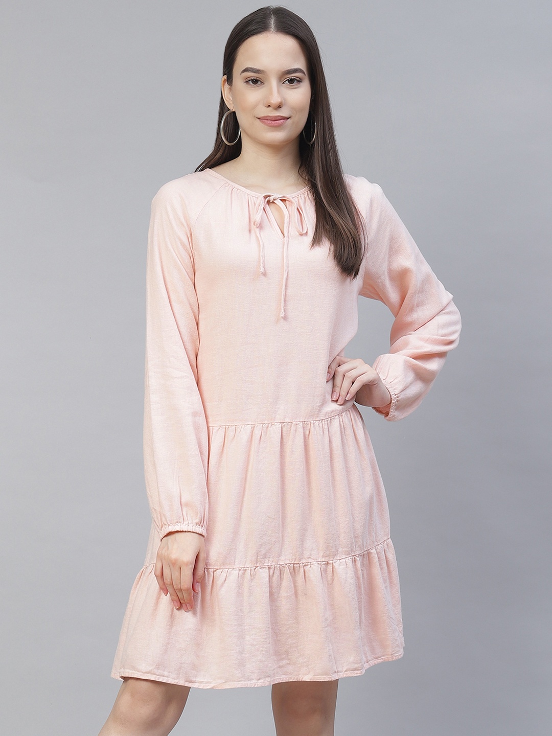 

Marks & Spencer Women Pink Solid Tiered A-Line Dress with Tie-up Neck