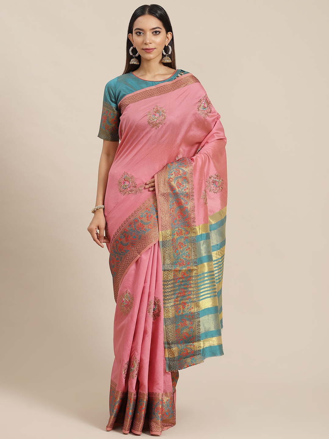 

RAJGRANTH Pink & Blue Woven Design Embroidered Silk Cotton Ready to Wear Chanderi Saree