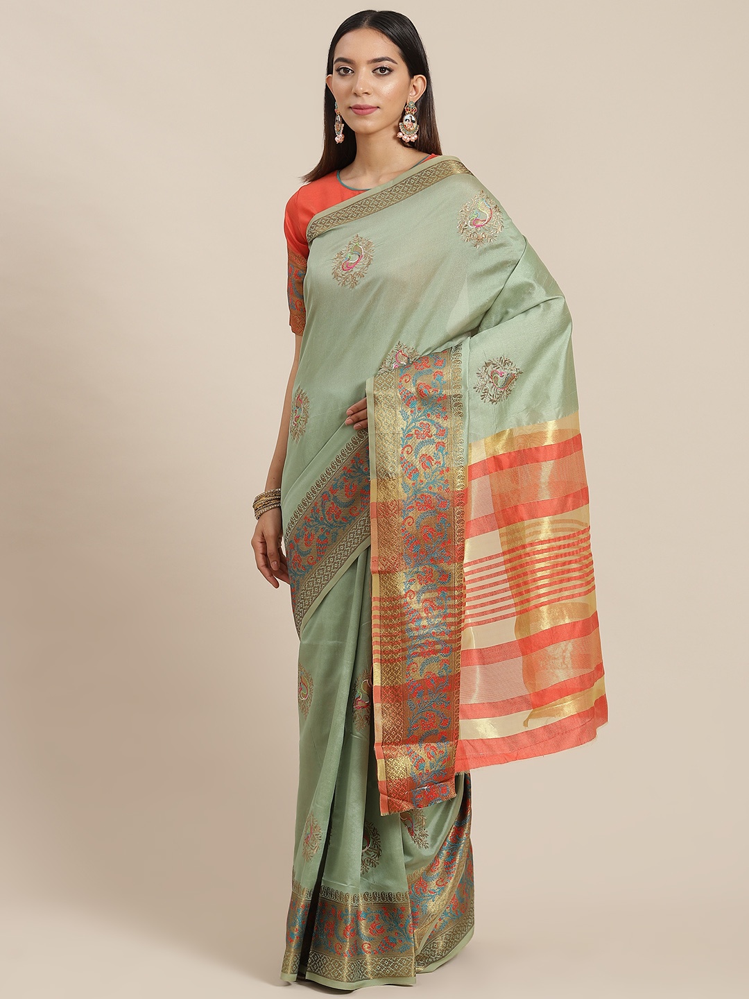 

RAJGRANTH Green Ethnic Motifs Embroidered Silk Cotton Ready to Wear Chanderi Saree