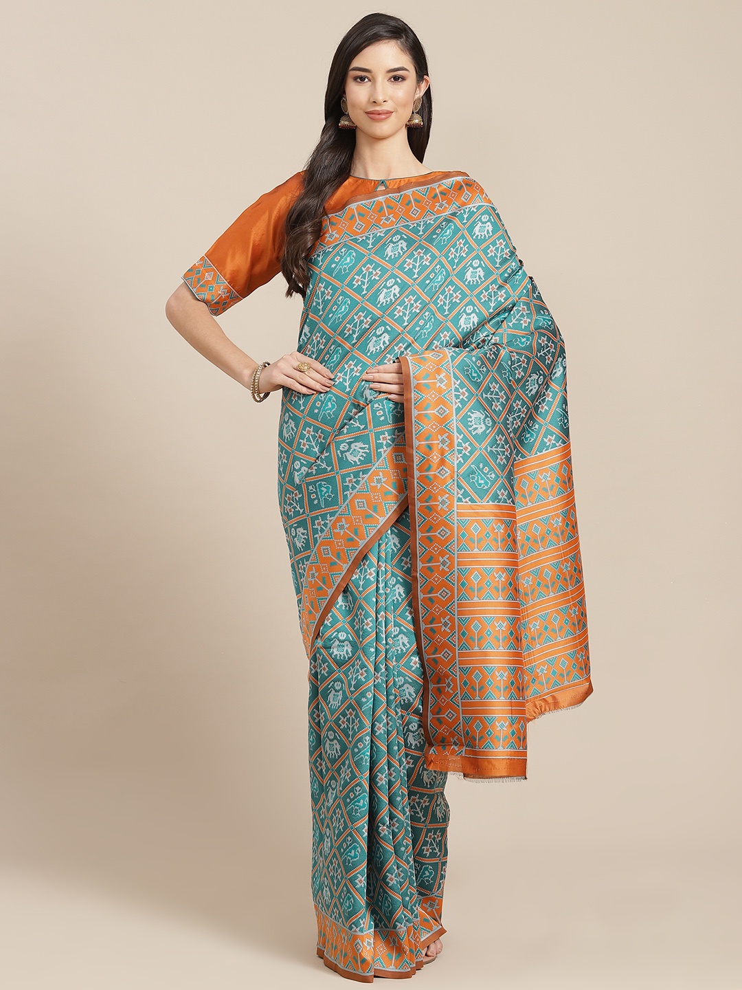 

RAJGRANTH Turquoise Blue & Orange Ethnic Motifs Banarasi Saree