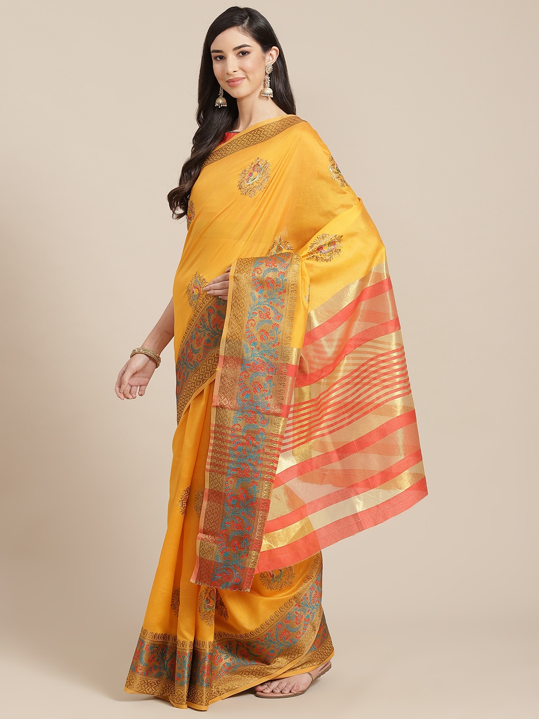 

RAJGRANTH Yellow Ethnic Motifs Embroidered Silk Cotton Chanderi Saree