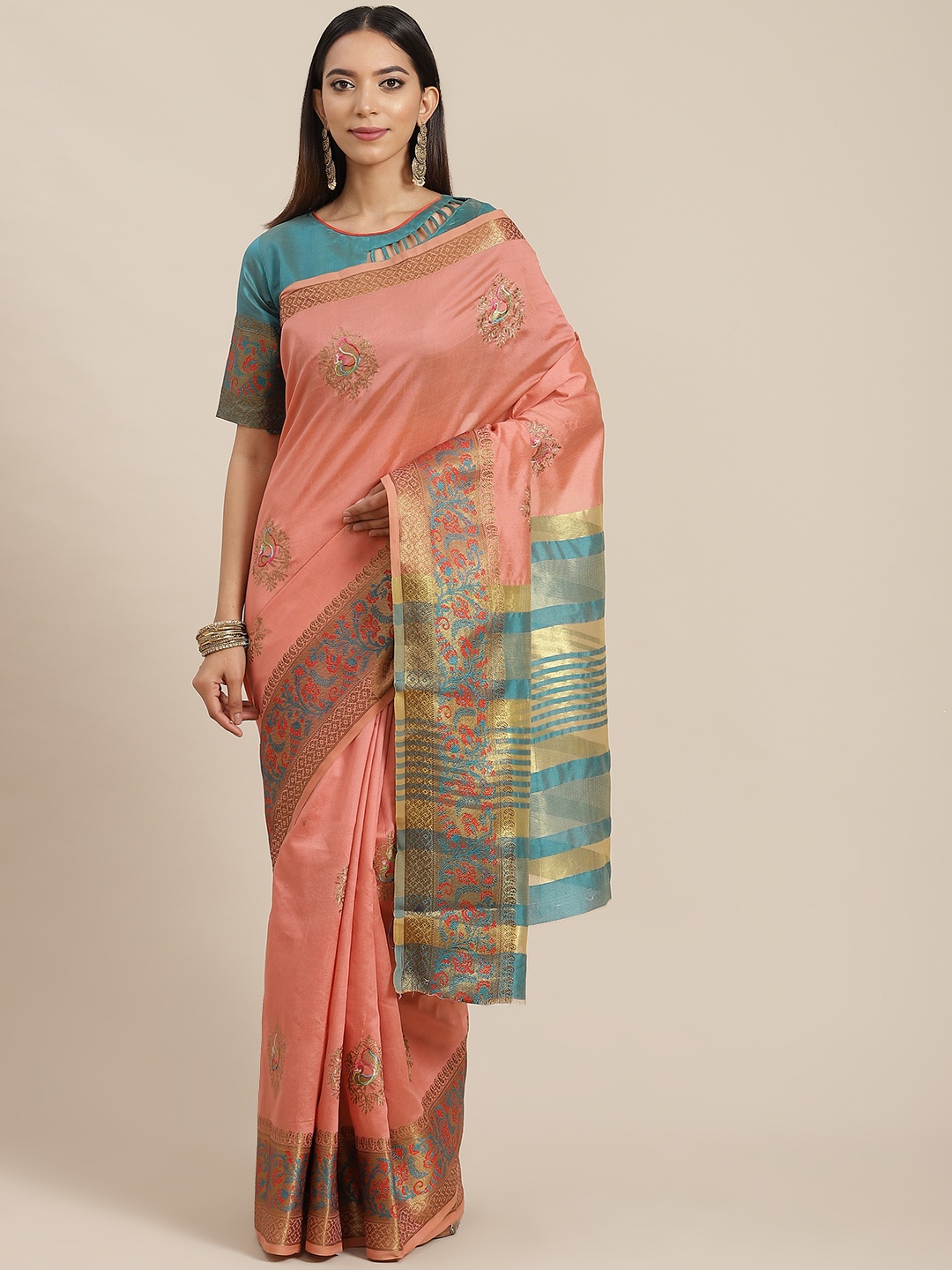 

RAJGRANTH Peach-Coloured & Blue Woven Design Embroidered Silk Cotton Ready to Wear Chanderi Saree