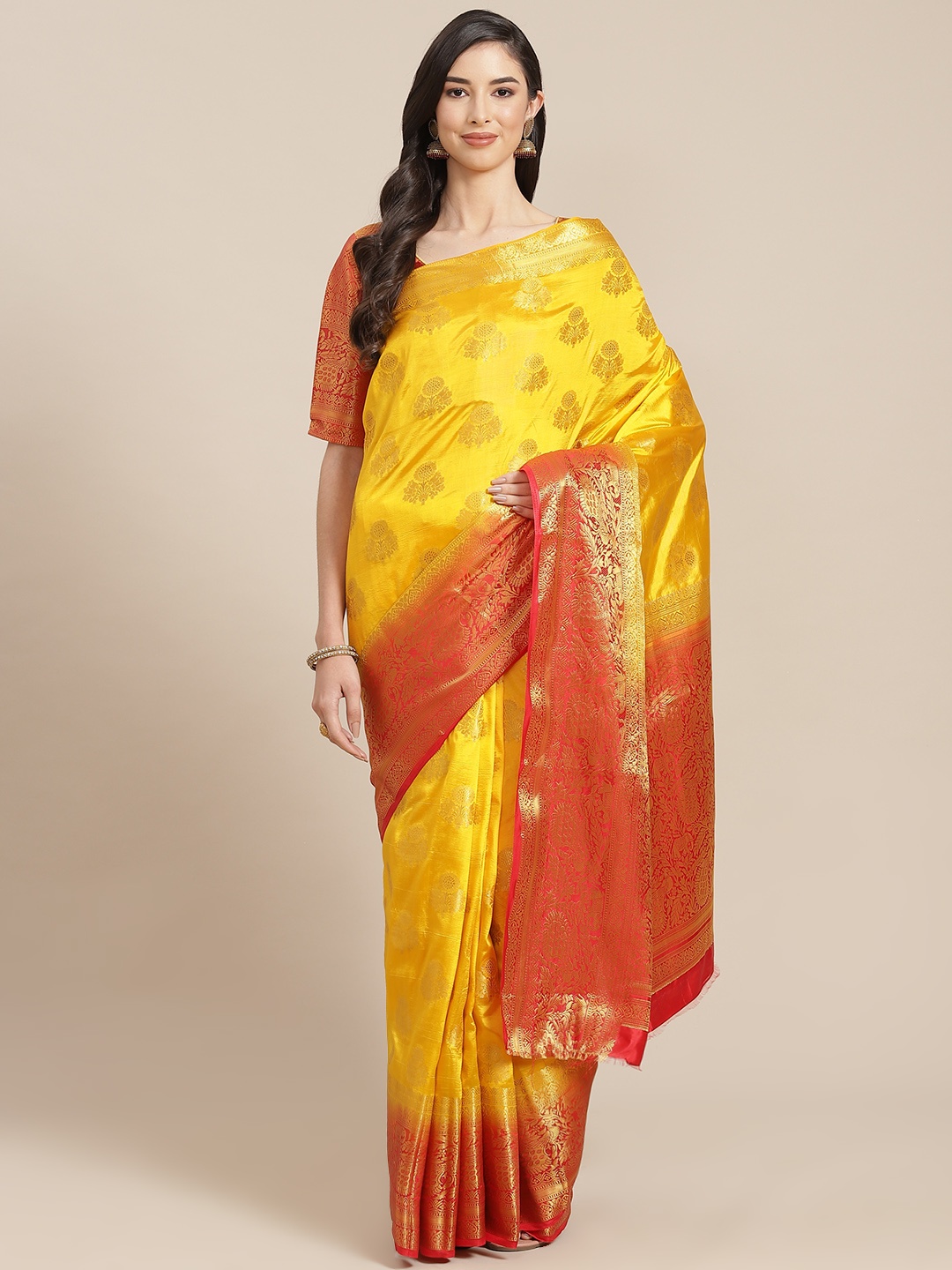 

RAJGRANTH Yellow & Red Ethnic Motifs Zari Banarasi Saree