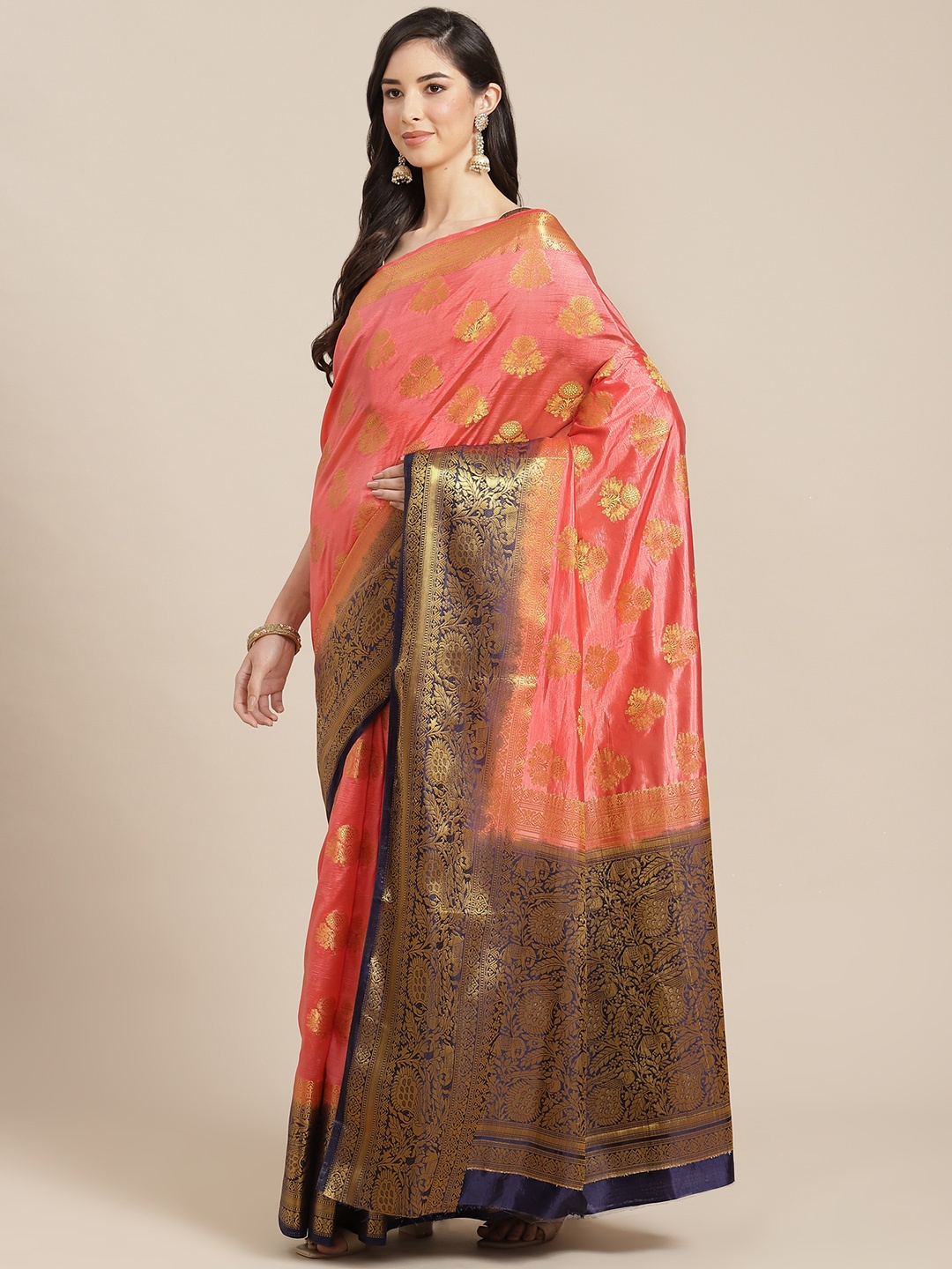 

RAJGRANTH Pink Ethnic Motifs Zari Banarasi Saree