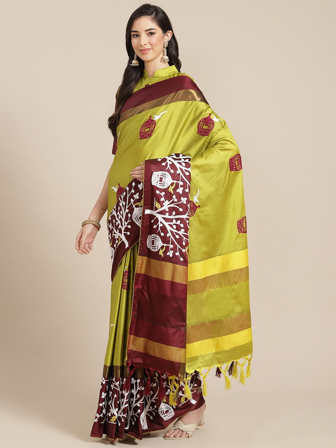 

RAJGRANTH Lime Green & Maroon Ethnic Motifs Embroidered Silk Cotton Saree