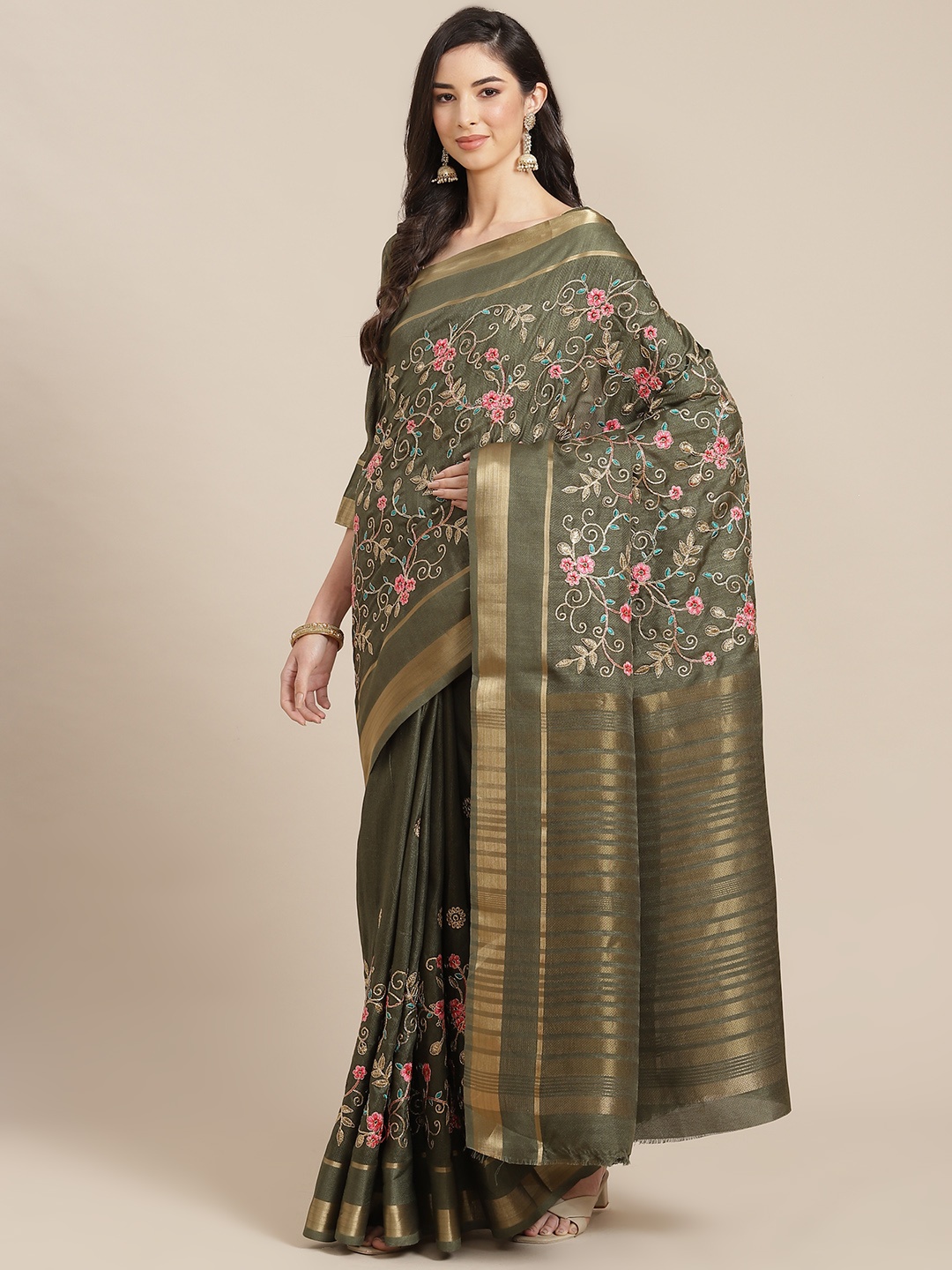 

RAJGRANTH Olive Green & Pink Floral Embroidered Silk Cotton Saree