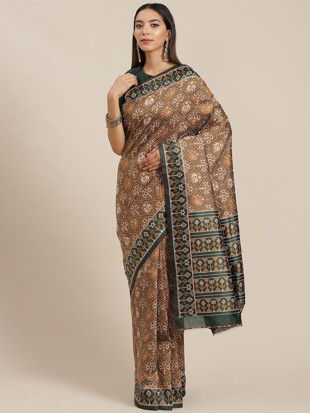 

RAJGRANTH Brown & Green Ethnic Motifs Ready to Wear Banarasi Saree