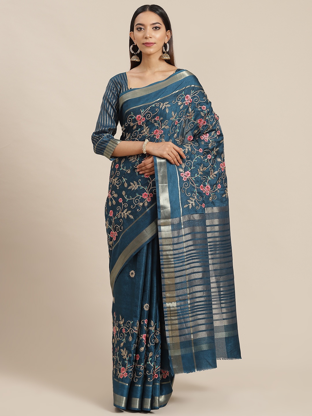 

RAJGRANTH Blue Floral Embroidered Silk Cotton Saree