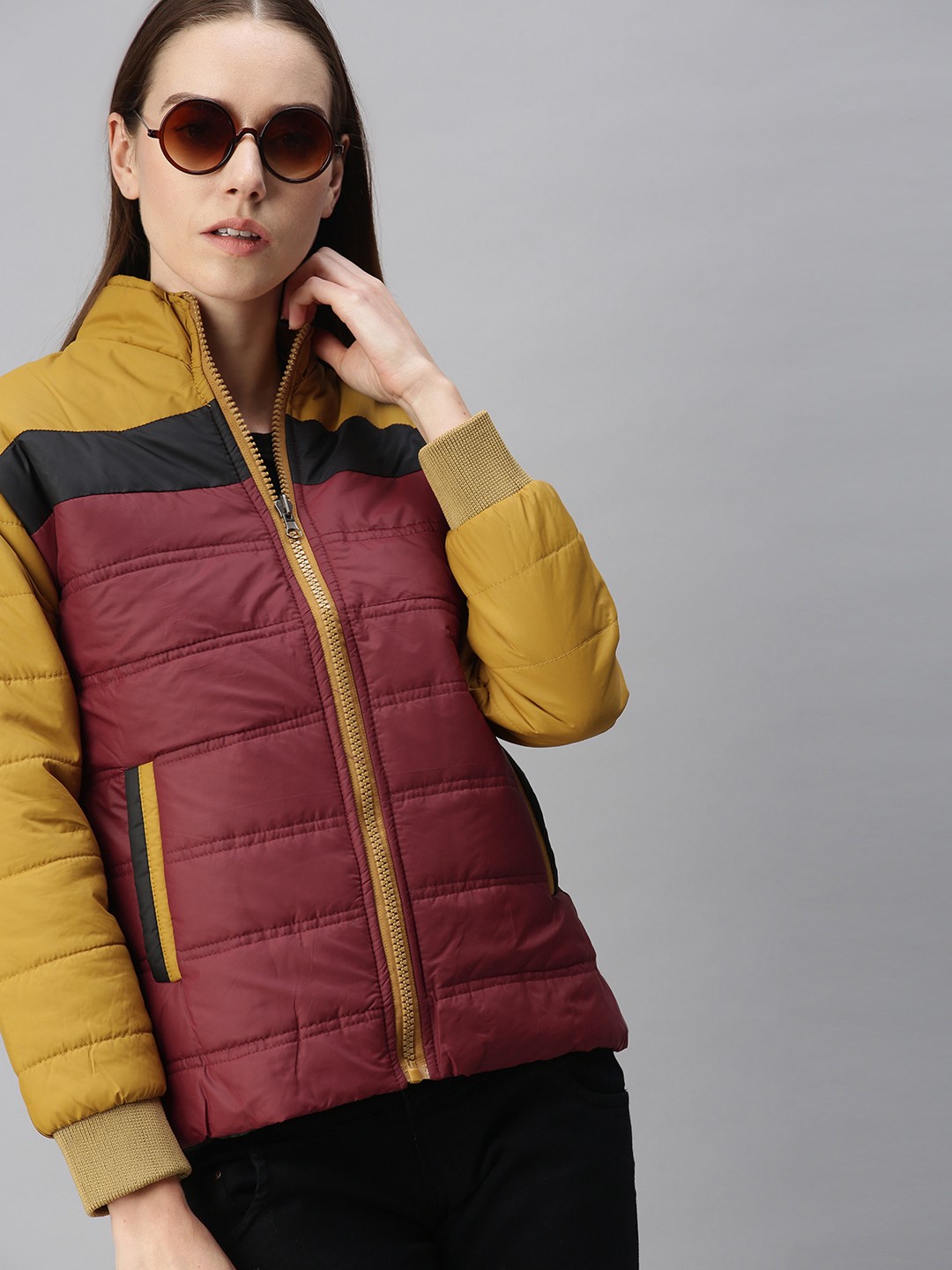 

VOXATI Women Maroon Yellow Colourblocked Padded Jacket