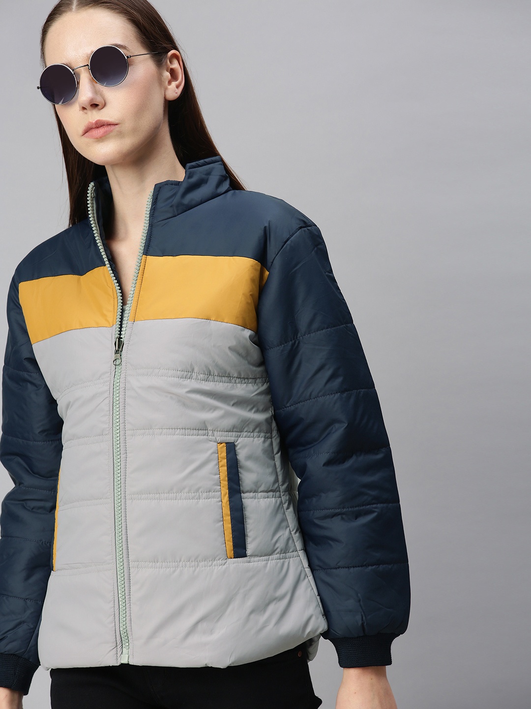 

VOXATI Women Grey Navy Blue Colourblocked Open Front Jacket