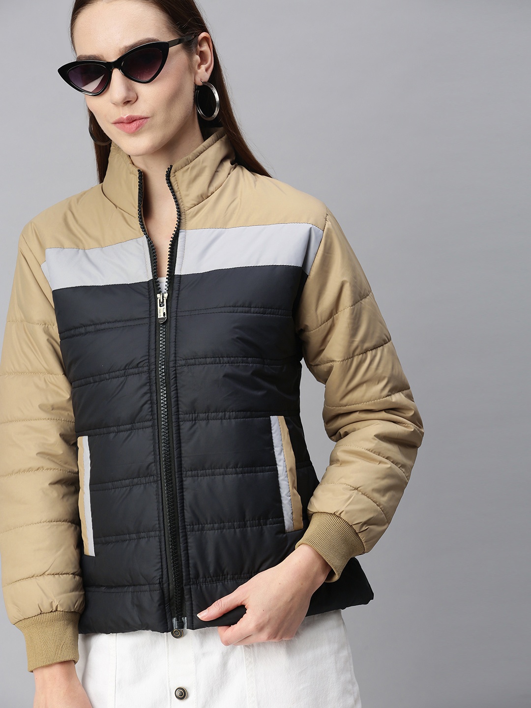 

VOXATI Women Black Beige Colourblocked Padded Jacket