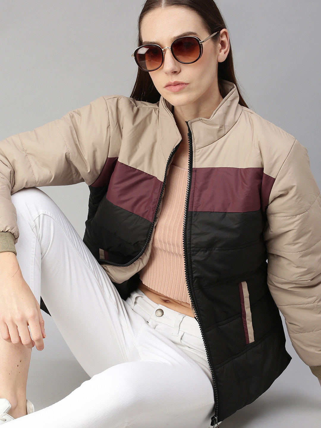 

VOXATI Women Black Beige Colourblocked Padded Jacket