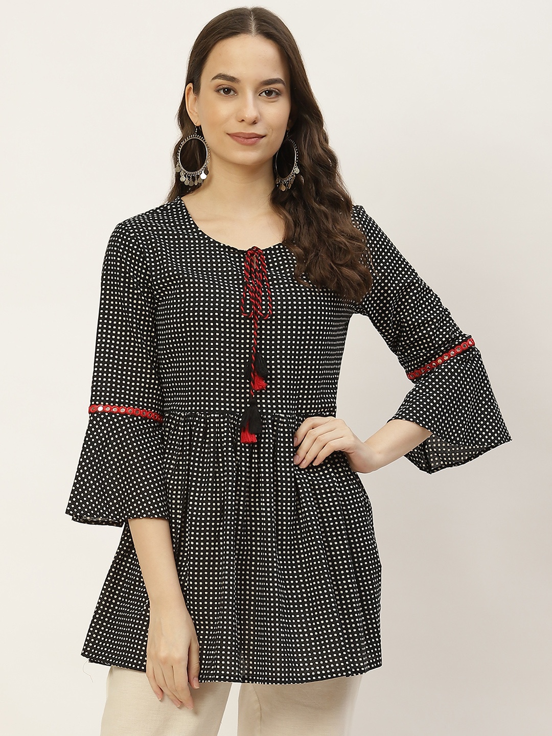 

FABRIC FITOOR Black & White Geometric Tie-Up Neck Regular Top
