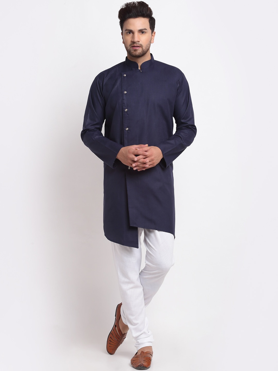 

Benstoke Men Navy Blue Angrakha Kurta with White Churidar