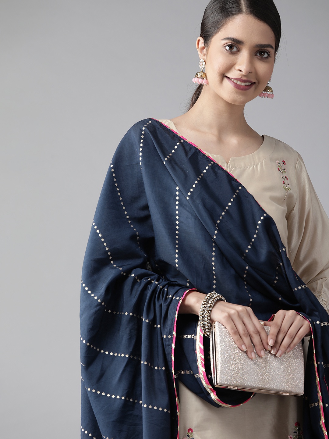 

Indo Era Women Beige Floral Embroidered Regular Gotta Patti Chanderi Cotton Kurta Set