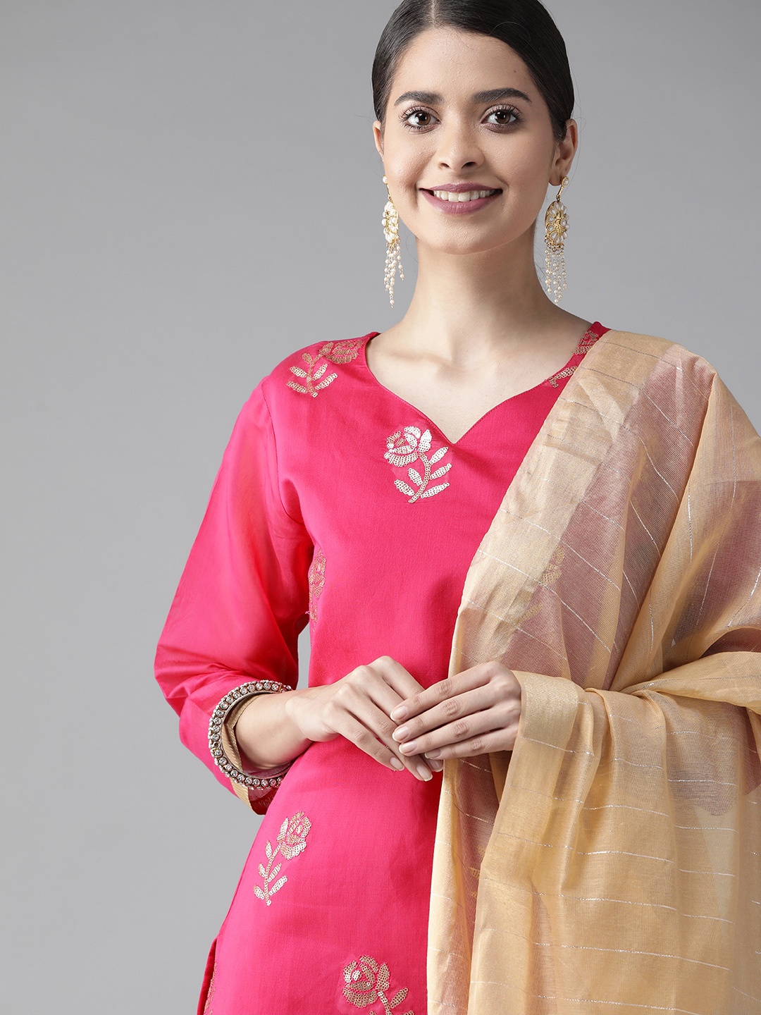 

Indo Era Women Pink Floral Embroidered Regular Sequinned Chanderi Cotton Kurta with Trousers & With Dupatta