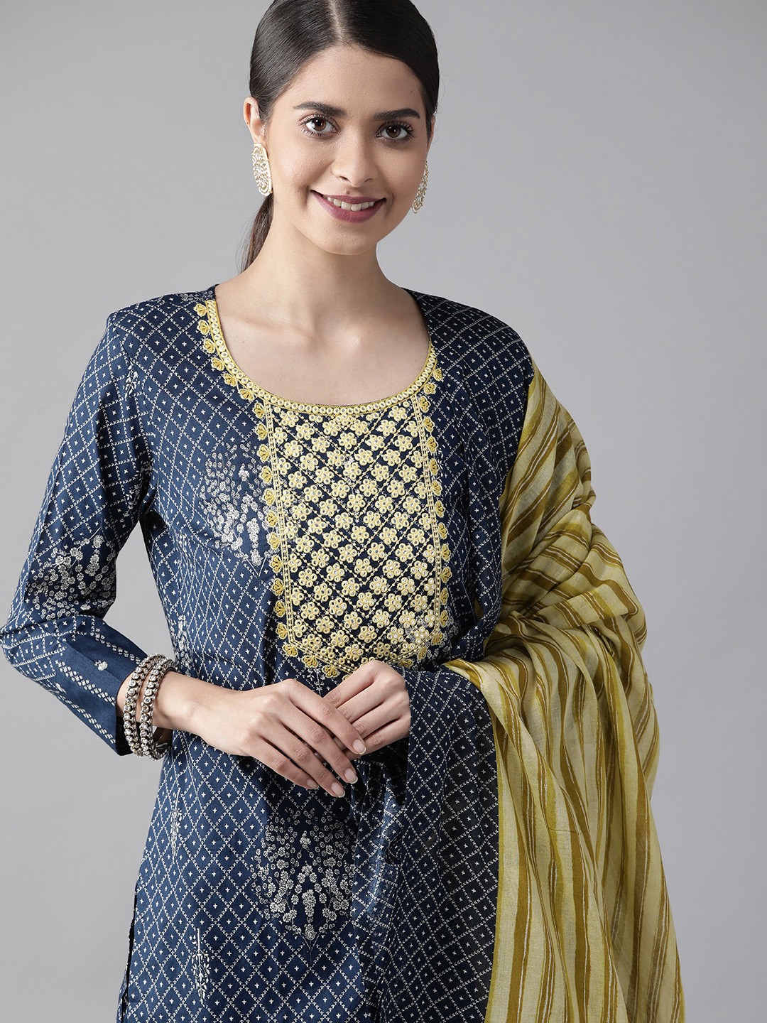 

Indo Era Women Navy Blue Embroidered Regular Mirror Work Kurta with Trousers & With Dupatta