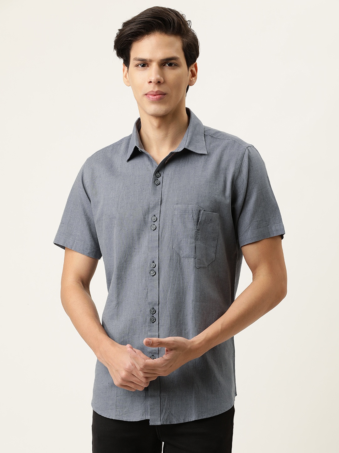 

COUPER & COLL Men Grey Solid Cotton Casual Shirt