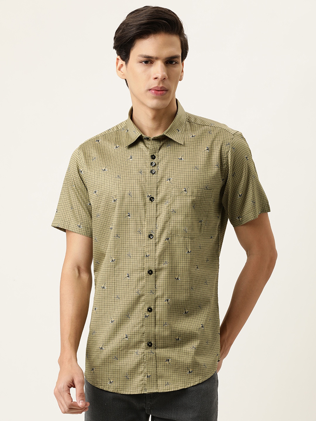 

COUPER & COLL Men Olive Green Checkered Cotton Casual Shirt with Floral Print