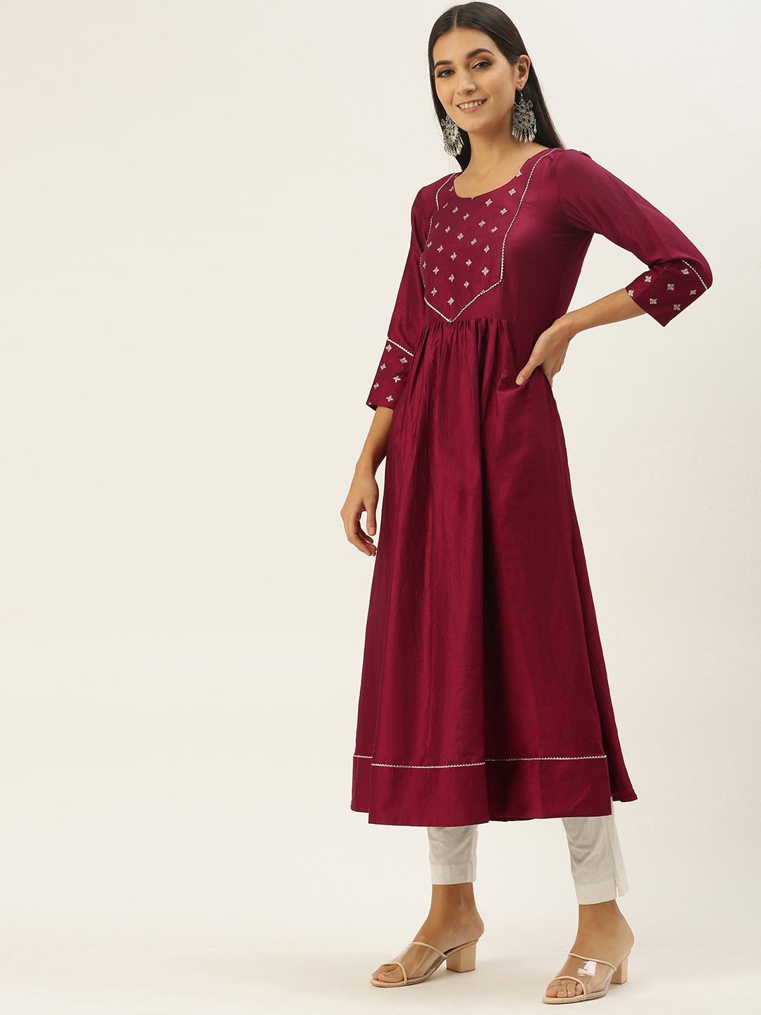 

SheWill Women Magenta Yoke Design Gotta Patti Chanderi Silk Kurta with Dupatta