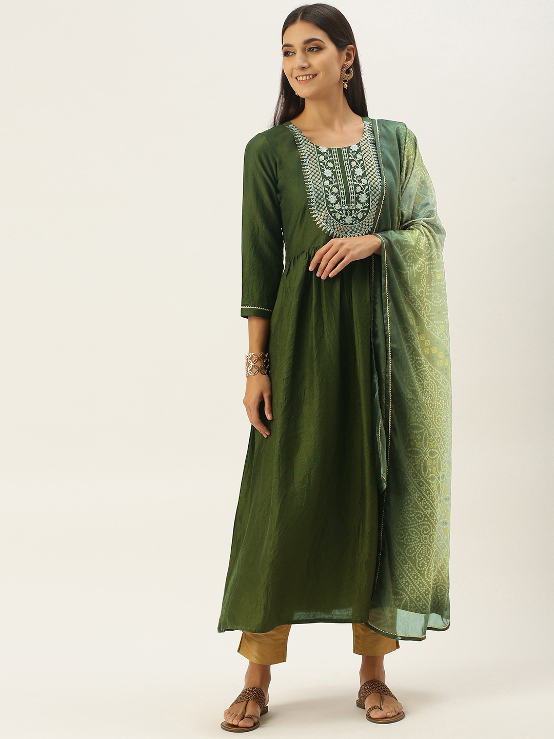 

SheWill Women Green Ethnic Motifs Yoke Design Thread Work Chanderi Silk Kurta with Dupatta