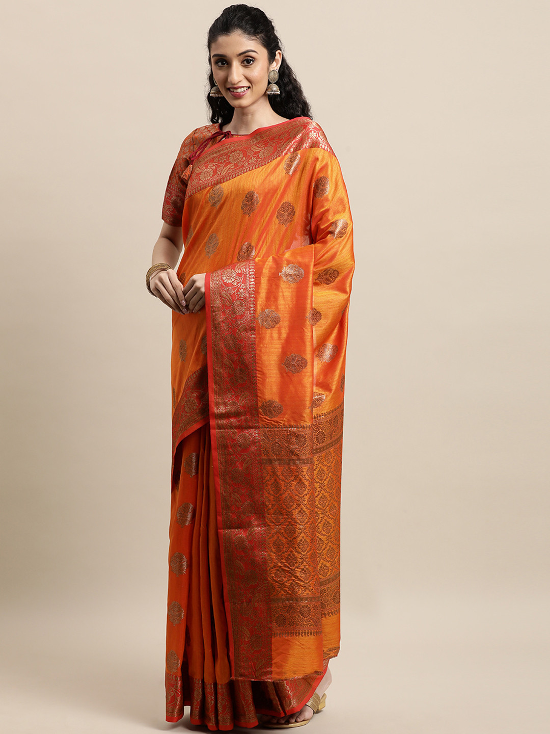 

Mitera Orange & Red Jacquard Ethnic Motifs Zari Banarasi Saree