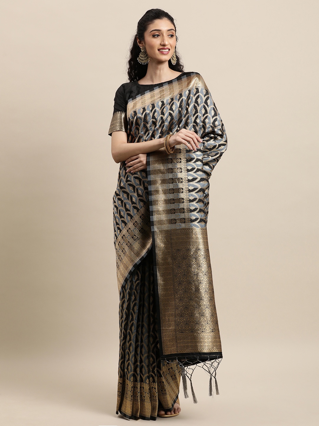 

Mitera Black & Grey Jacquard Striped Zari Banarasi Saree
