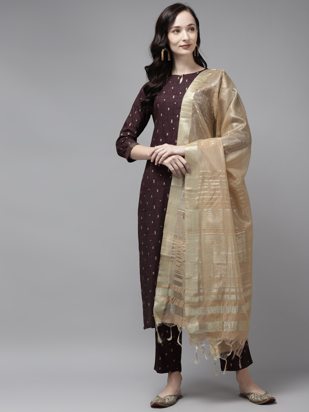 

Indo Era Women Maroon Geometric Foil Print Straight Kurta with Palazzos & Dupatta