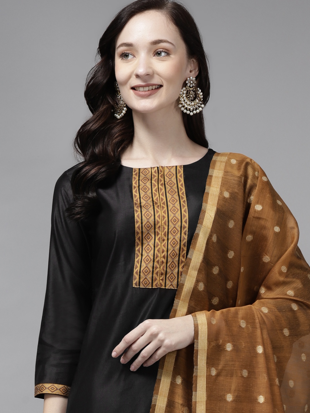 

Indo Era Women Black & Beige Yoke Design Regular Kurta with Palazzos & Dupatta